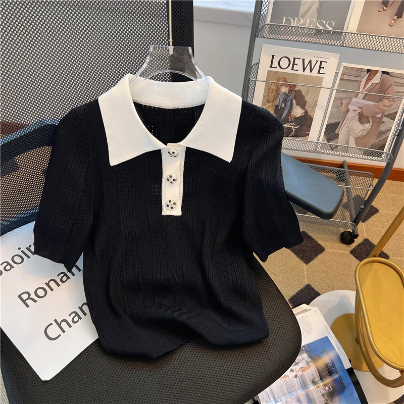Coreano gelo seda malha camisola camisetas femininas topos 2025 verão manga curta oco para fora moda solta elegante senhoras malhas