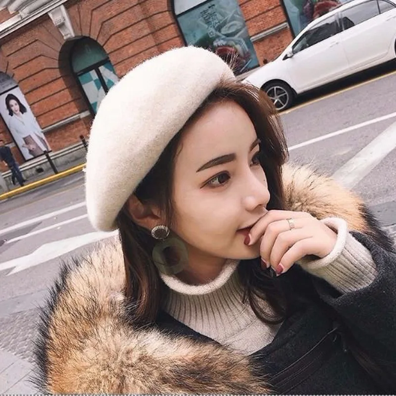 Zimowy Jesienny Wełniany Beret Damski Gruby Ciepły Tekstura 3D Retro Artysta Wyszczuplający Twarz Codzienny Modny Czapka Beanie dla Kobiet na Zewnątrz