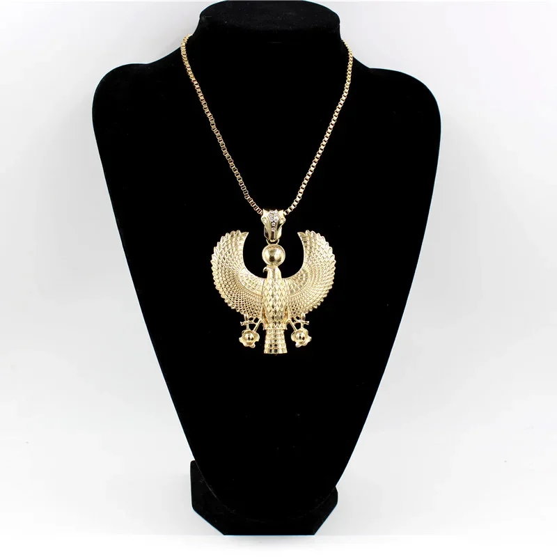 Newest Fashion Metal Gold Color Egyptian Horus Bird Falcon Holding Ankh Pendant Necklace Bib Chain Choker Animal Hiphop Necklace