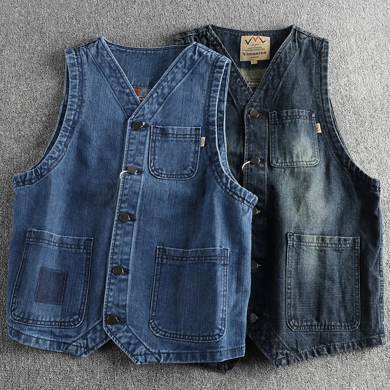 Vintage blue water wash to make old trend men\'s denim vest autumn and winter casual cotton sleeveless vest coat