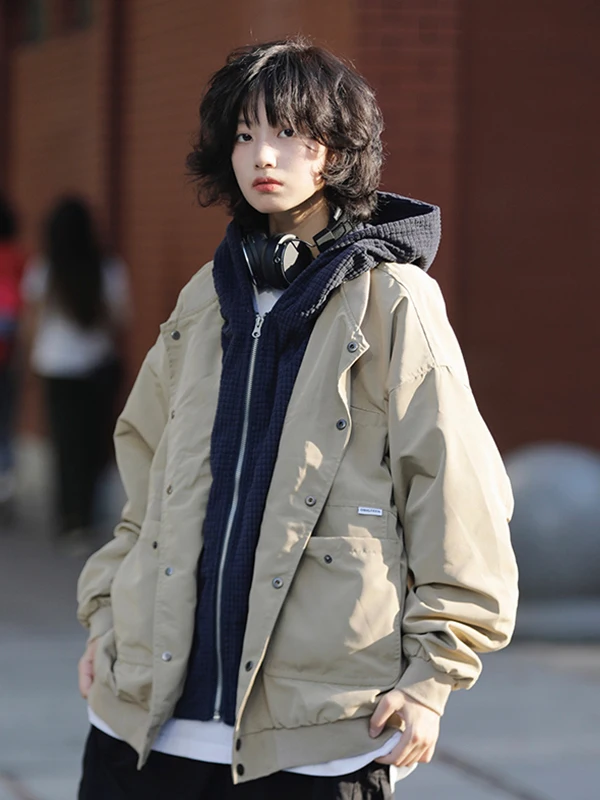 

Retro i Color Hooded Jaet Loose Casual ex Autumn Workwear Jaet Multi-ket Splicing Design Youth Daily Wear