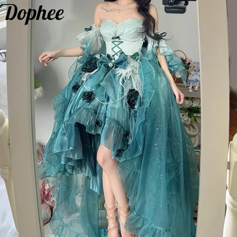 Dophee Originele Amber Green Rose Jsk Jurk vrouwen Verjaardagsfeestje Jurk Off Schouder Onregelmatige Ruches Staart Prinses Jurk