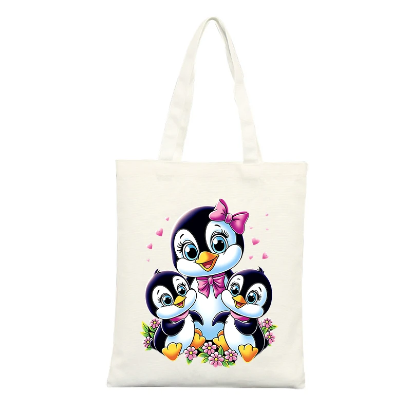 Canvas Tote Bag with Cute Penguin Family Graphic, Ideal for Casual Shopping and Daily Use