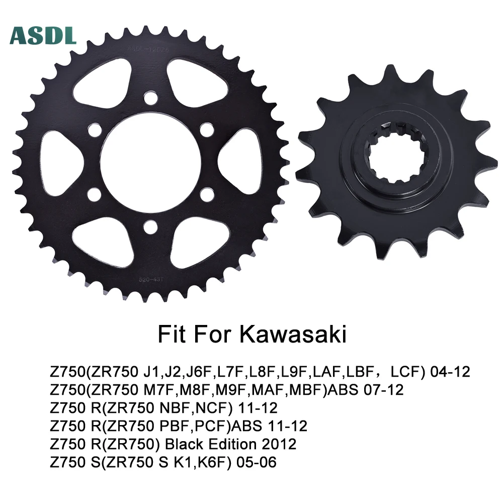 

520 43T 15T Motorcycle Front and Rear Sprockets for Kawasaki Z750 ZR750 J1 J2 J6F L7F-L9F LAF-LCF 04-12 Z 750 ZR 750 Z750 R S