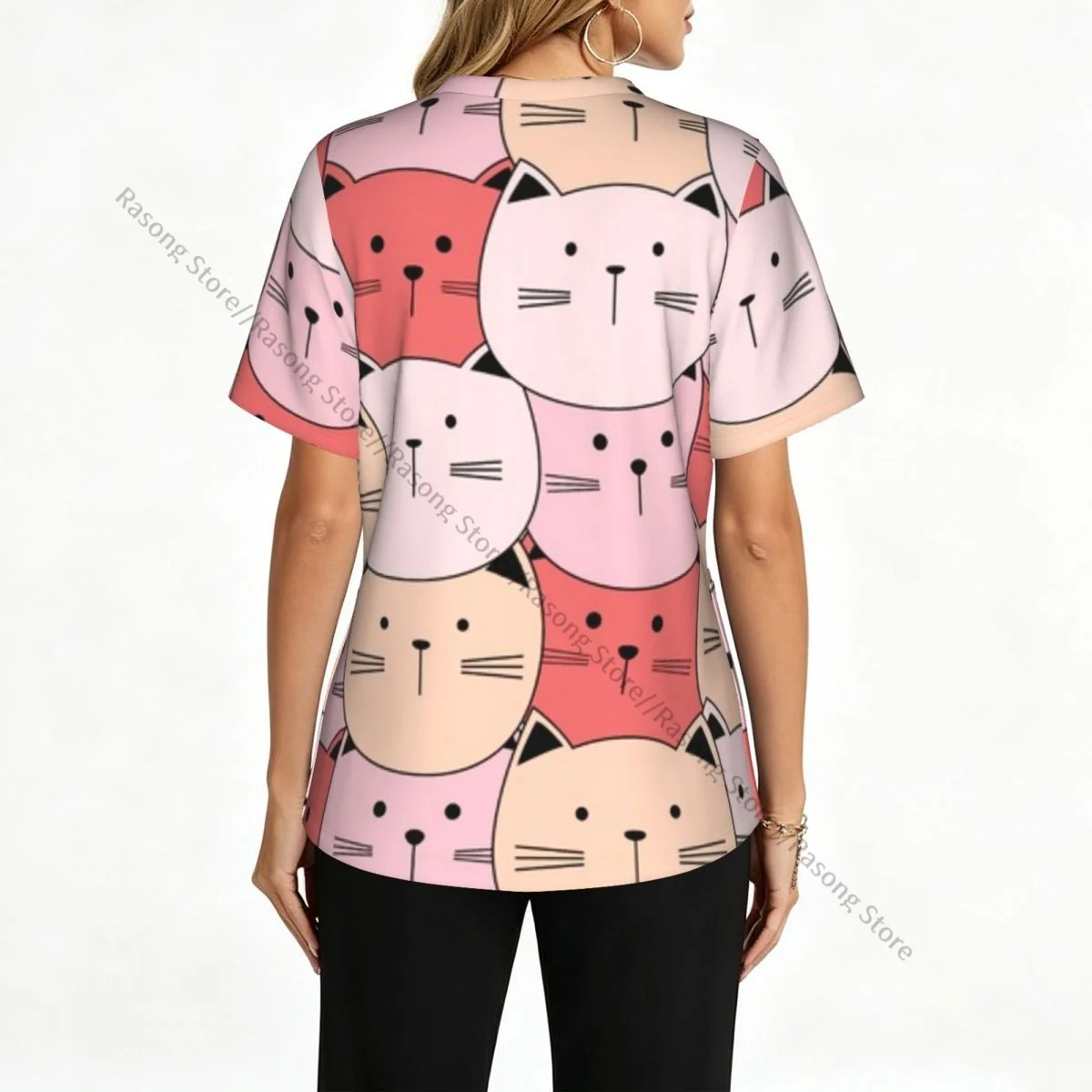 Women's Scrub Tops Short Sleeve Workwear Shirts V Neck Fitness Nursing Uniform Cute Cat Face Pattern Pullover Doctor Shirt