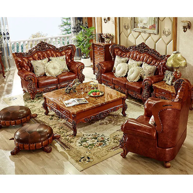 For Classical Living Room Full Grain Leather Recliner Sofa Factory Supply Antique Wooden Sofa Furniture Set