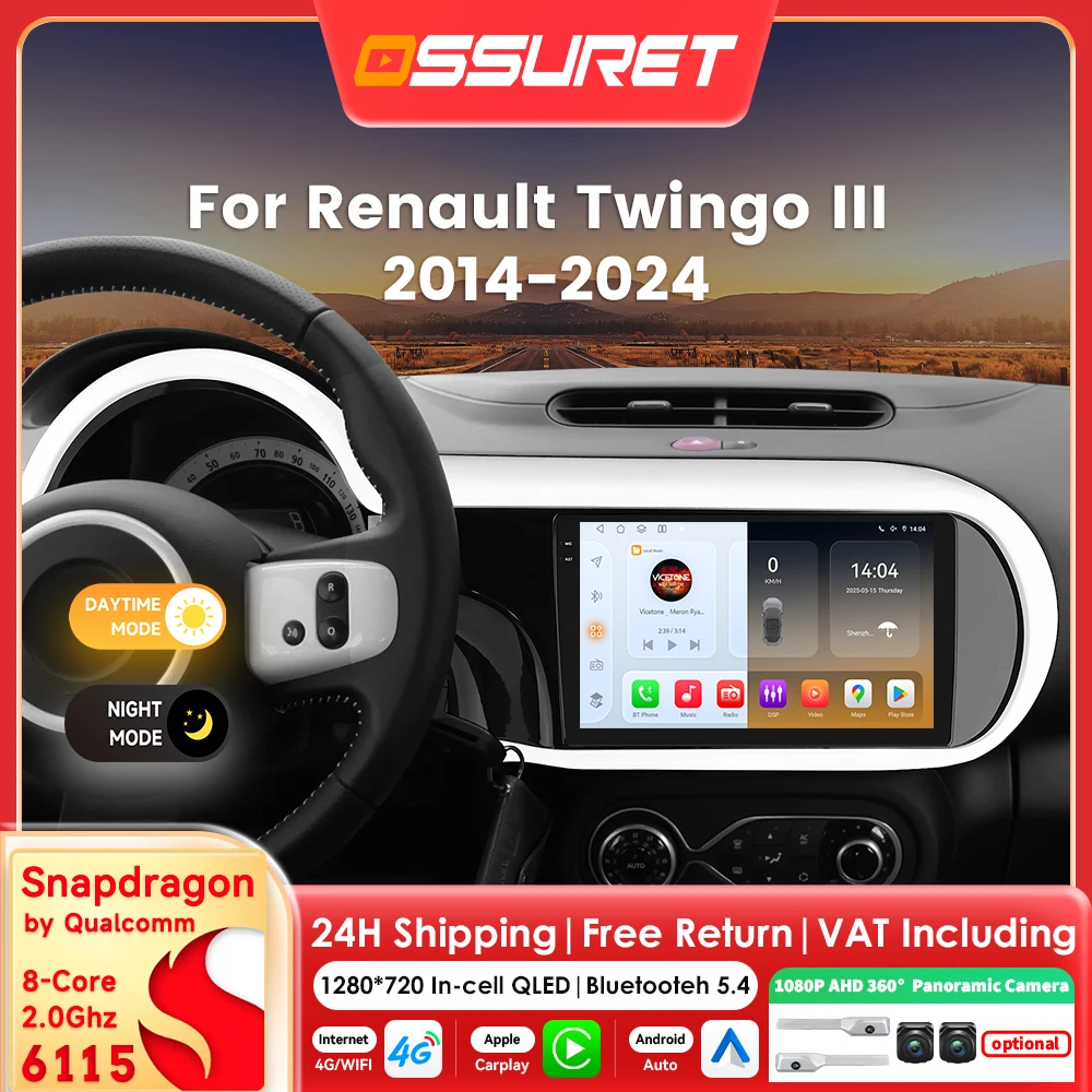 9 zoll AI Carplay Android 14 Autoradio Für Renault Twingo 3 III 2014-2024 Auto multimedia-player GPS Stereo 360 Cam BT 2DIN Bildschirm