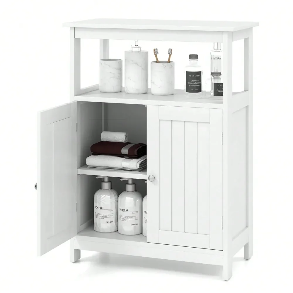

Bathroom Floor Cabinet Freestanding Storage Organizer With 2 Doors Open Compartment