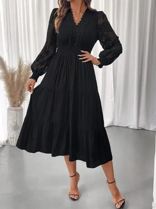 Abito longuette elegante con scollo a V in pizzo da donna nuovo autunno, manica trasparente e orlo a strati abito in tinta unita