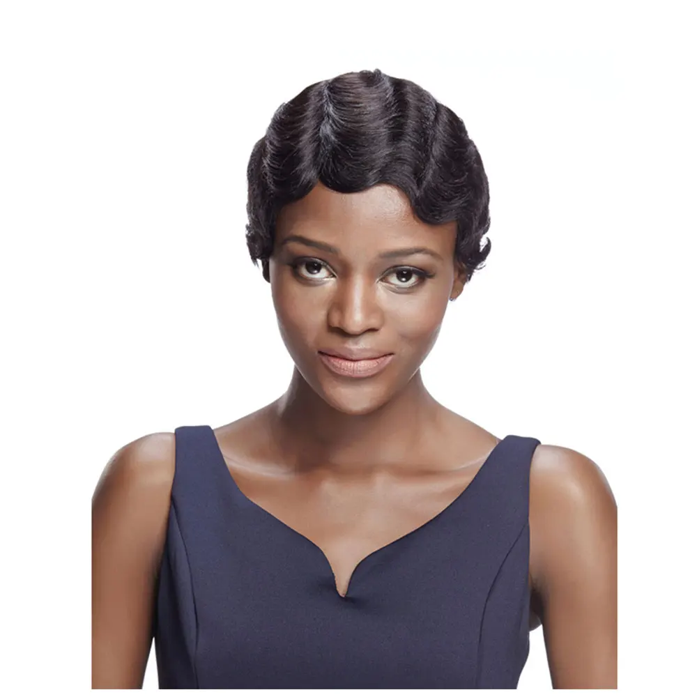 

Short Curly Human Hair Wigs for Women Finger Wave Pixie Cut Burmese Curly Human Hair Wigs on Sale Machine Made Duby Wig