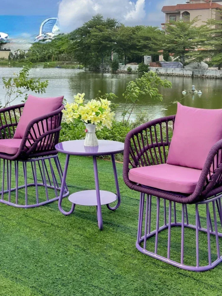 Outdoor Casual Rope Woven Armchair Outdoor Woven Waterproof and Sun Protection Rattan Chair Tea Table Combination