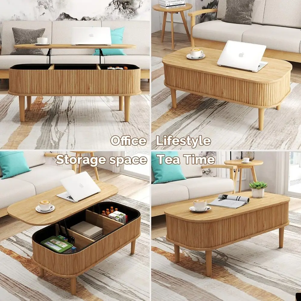 Mid-Century Oval Lift-Top Coffee Table with Storage, Natural Finish, Ideal for Living Rooms, Offices, and Compact Spaces