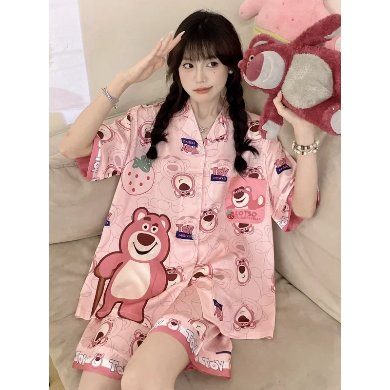 Disney New Strawberry Bear Pajamas Ice Silk Satin Casual and Lightweight Transparent Please Cool Cute Cartoon Home Suit Pajamas