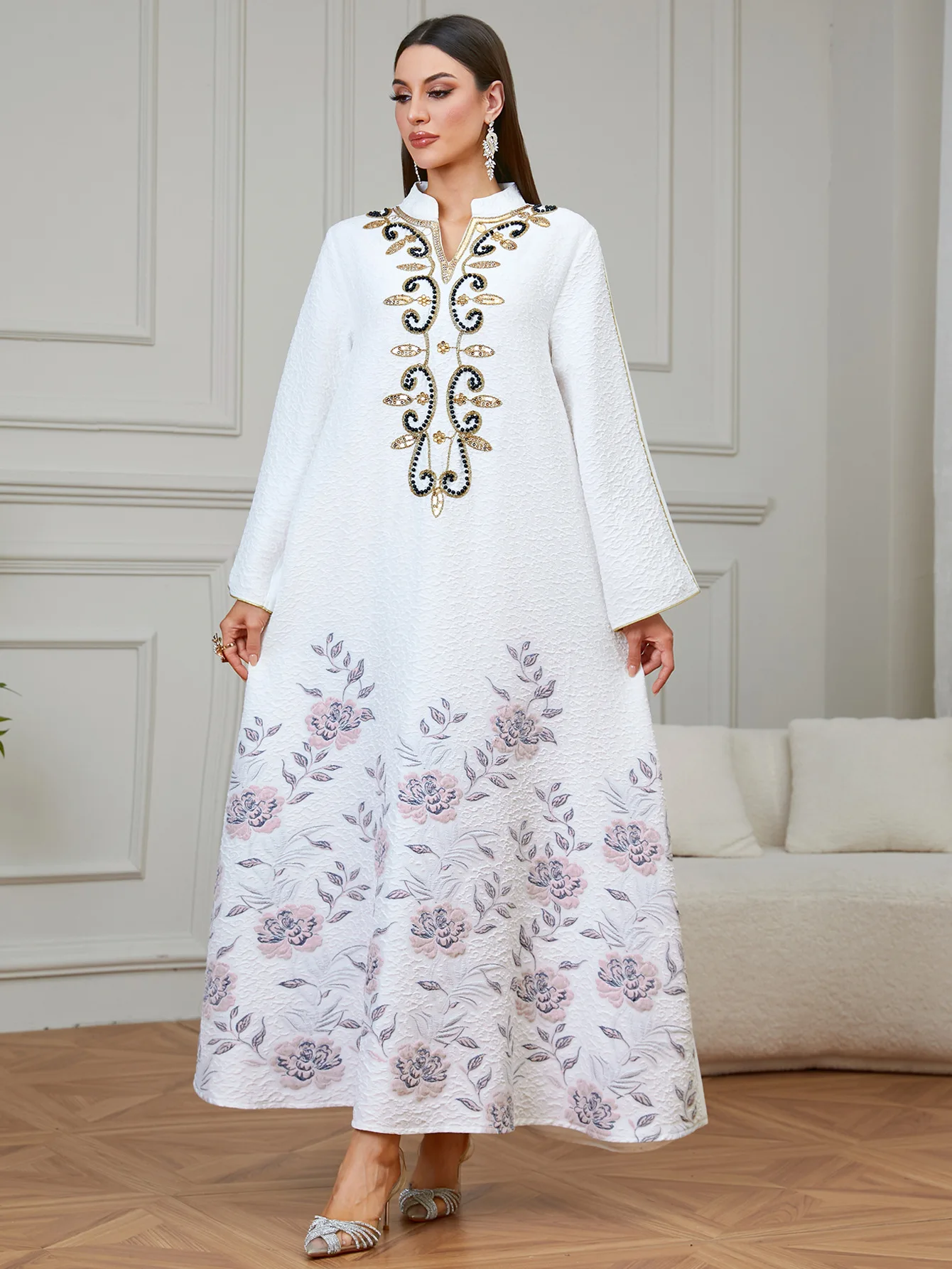 Elegant Women Beaded Embroidery Long Robe Floral Print Abaya Maxi Dress Ethnic Long Dress Vintage Casual Party Female Turkey
