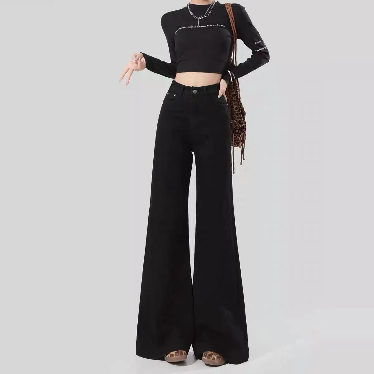 

Новое весеннее поступление, свободные женские джинсы-брюки с высокой талией, длинные драпированные джинсы с эффектом похудения, черные хлопковые эластичные джинсы