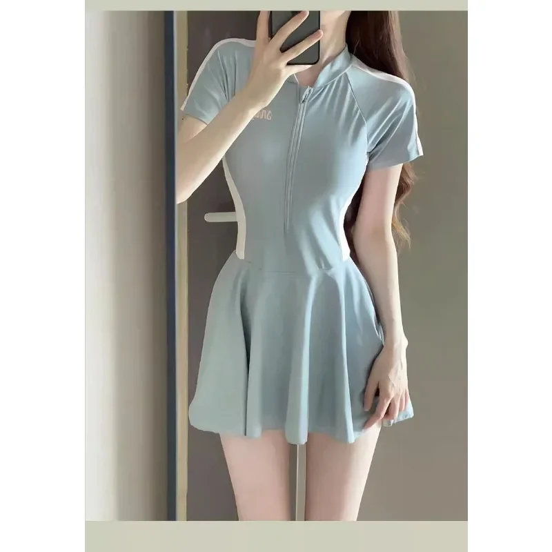 여성을위한 하이 엔드 바디 드레스 수영복 보수적 인 반팔 태양 보호 학생 스포츠 온천 수영복