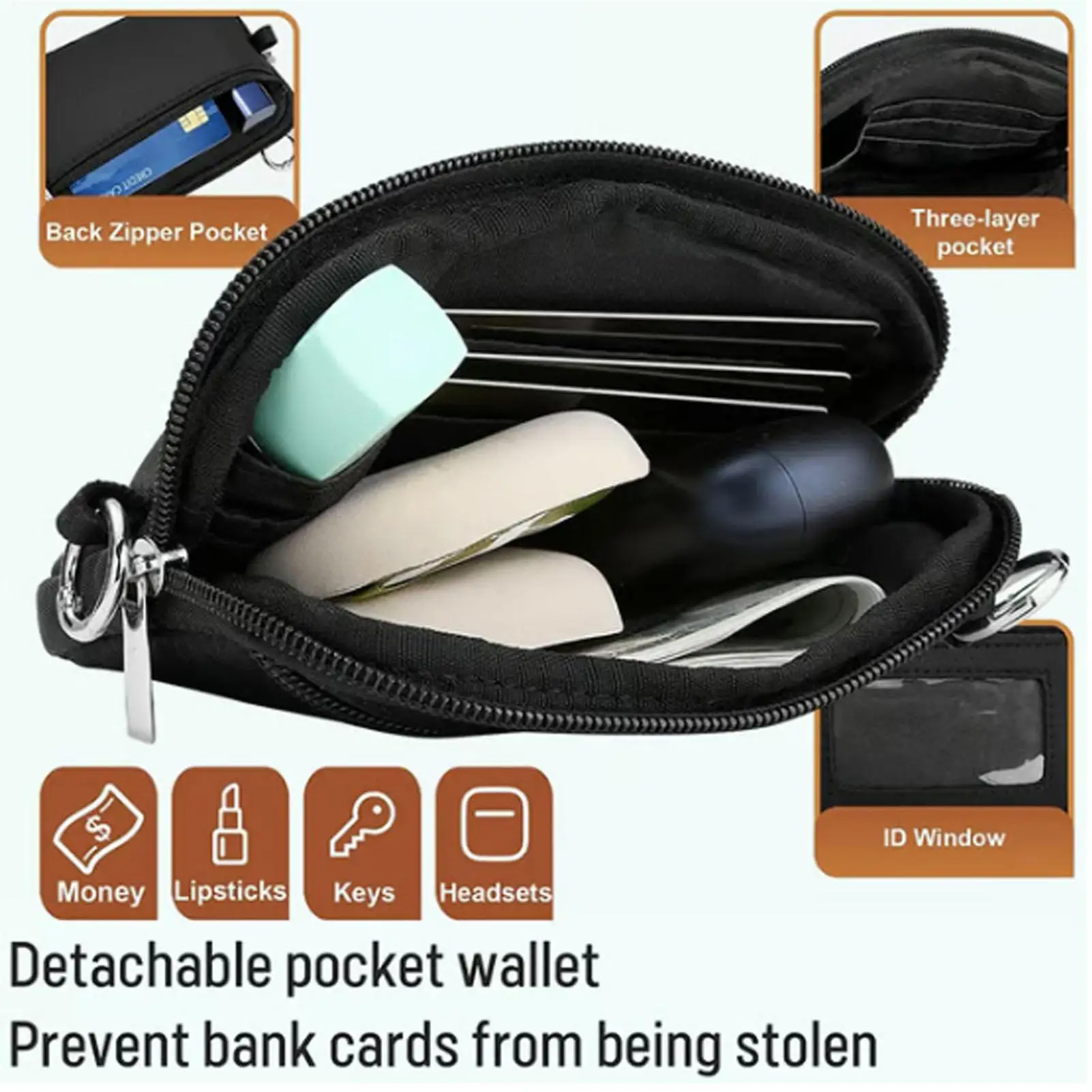 حبل الهاتف مع محفظة وحزام الهاتف الخليوي مع حقيبة بسحاب وسلسلة أمان للرقبة قابلة للتعديل مع علامة تبويب للمناسبات المدرسية واللياقة البدنية