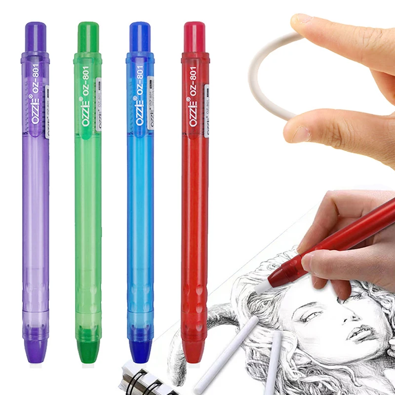 

Creative Pen Shape Press Type Pencil Eraser Set with Replaceable Core Sketching Painting Writing Erase Stationery Supplies