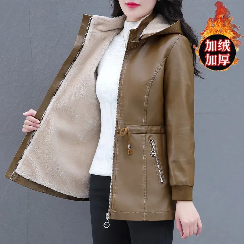 Winter Coat New Fashion Soft Leather Clothes Women\'s Long Sheep Leather Jacket Plus Velvet Padded Warm Coat