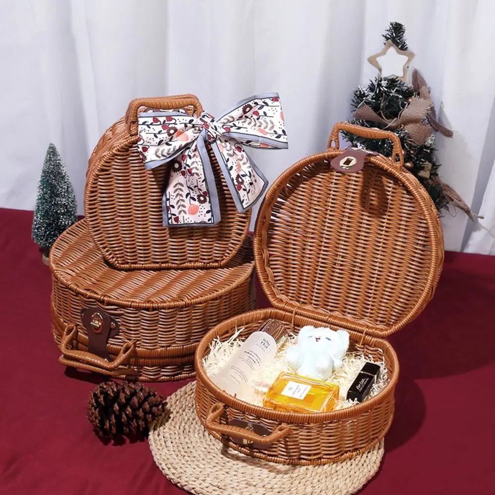 Round Wicker Suitcase Handmade Dust-proof Picnic Basket Anti-impact with Double Handle Rattan Woven Luggage Box Outdoor