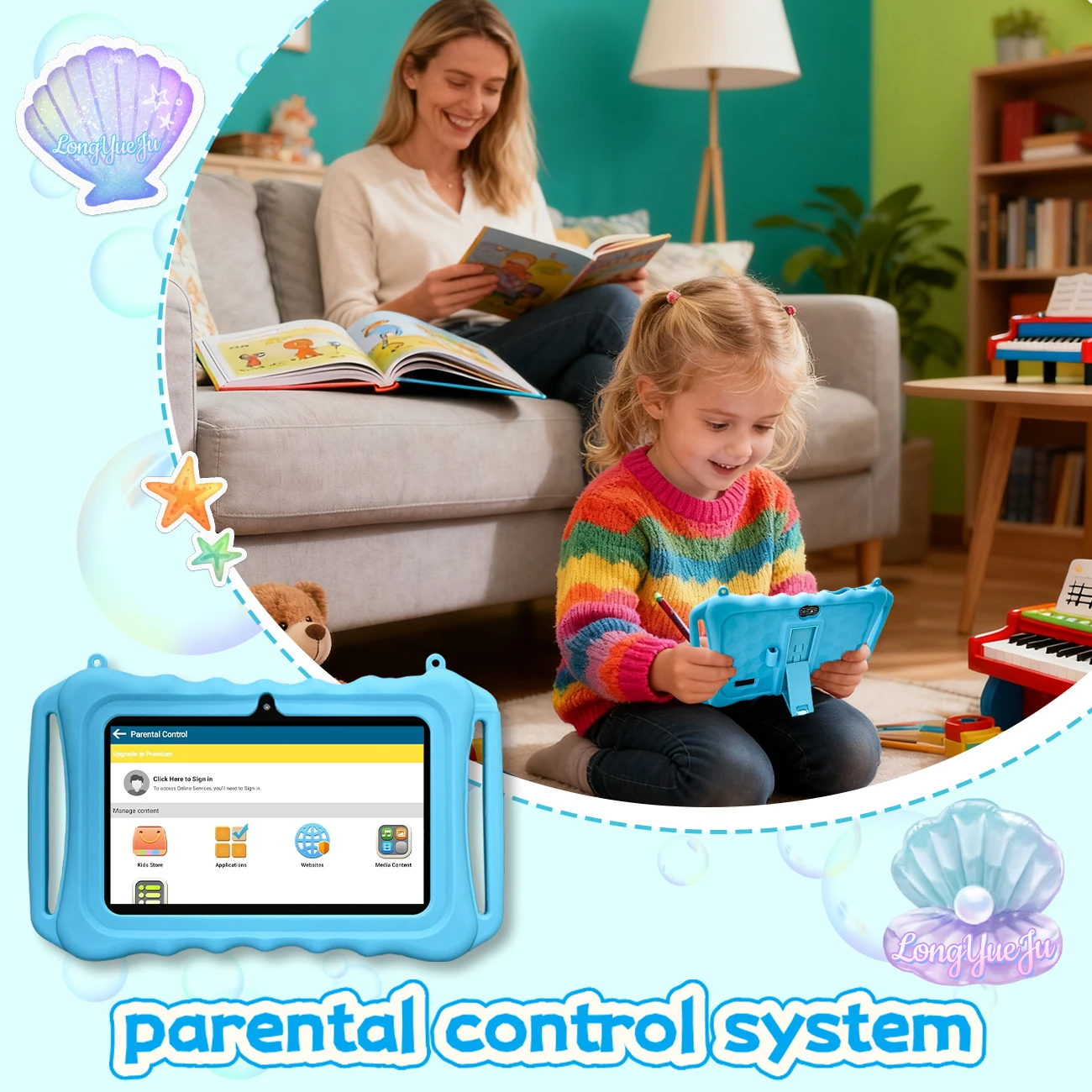 Tablet Android da 7 pollici, 2 GB+32 GB, supportato WiFi, controllo parentale, tablet educativo, custodia protettiva, regalo di festa, blu/rosa