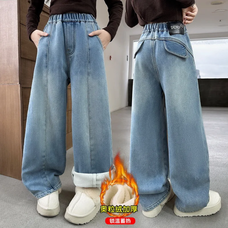 

Новые стильные детские зимние теплые утепленные джинсы для девочек, модные термоджинсовые брюки, детские флисовые толстые брюки, От 4 до 14 лет