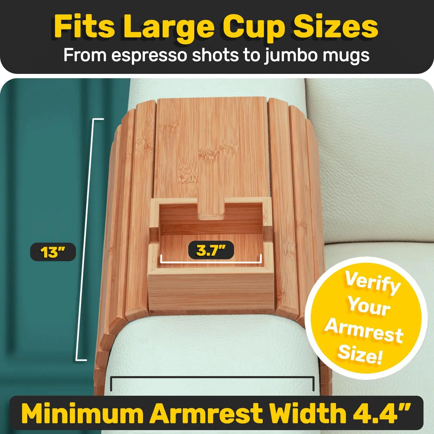 

Bamboo Sofa Cup Holder, Multifunctional Drink Tray with Wooden Base, Portable Armrest Table for Couch, Removable Beverage Stand