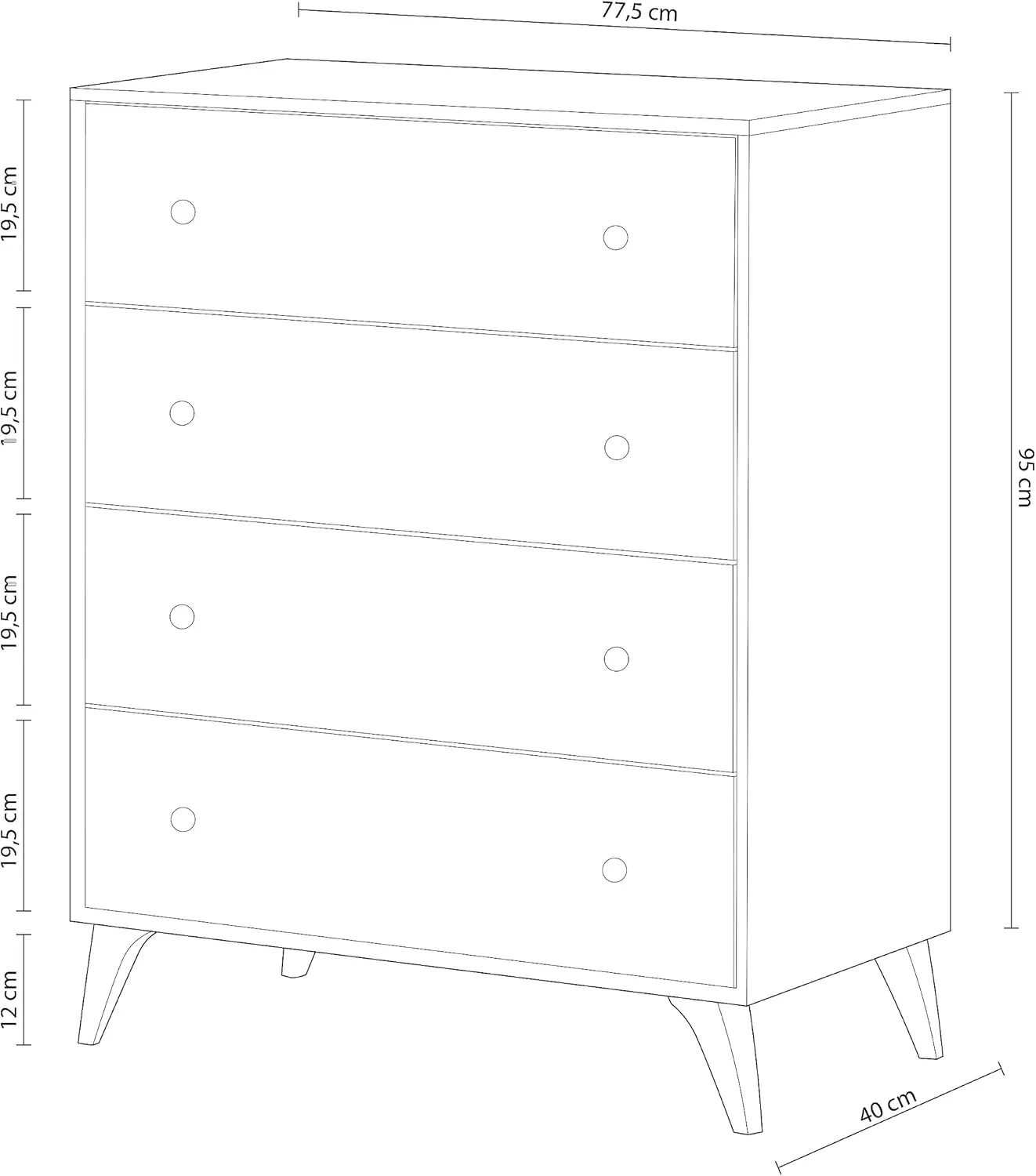 Cómoda con 4 Cajones, para Dormitorio,Modelo dulce, Acabado en Color Blanco Artik,77,5 cm (Ancho) x 95 cm (Alto) x 40 cm (Fondo)