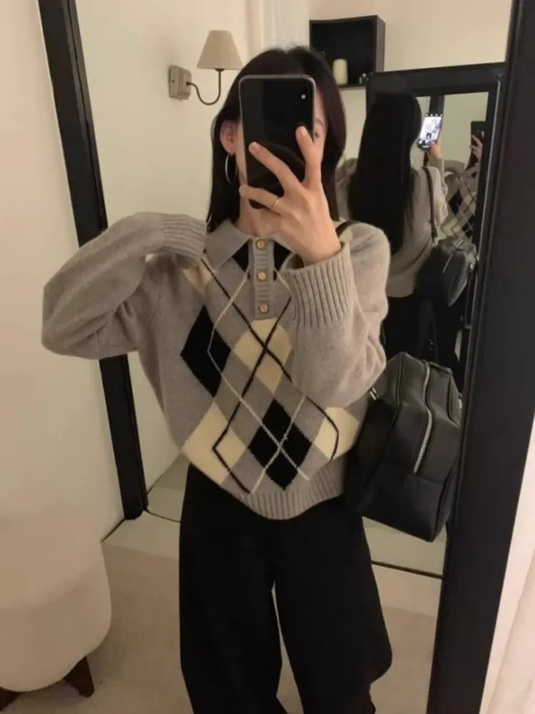 

Новый женский осенне-зимний вязаный свитер свободного кроя в корейском стиле, универсальный топ с ромбовидным узором