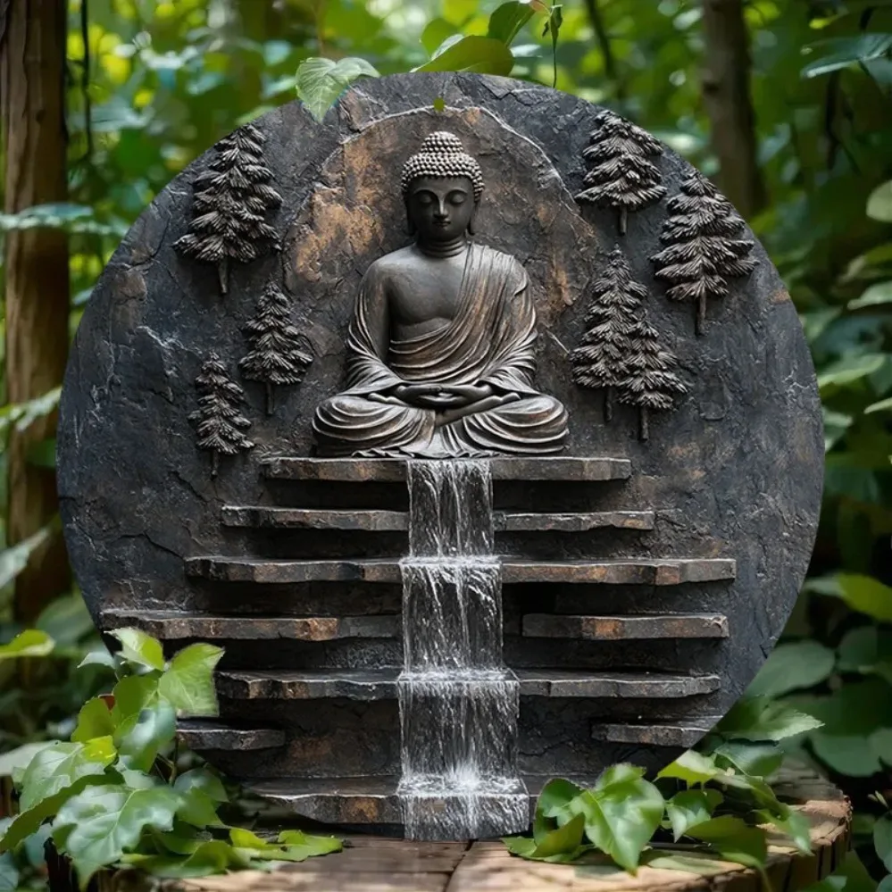 Vintage Metal Buddha Meditation Wall Art | Serene Monk & Waterfall Design | Outdoor Yard & Garden Zen Decor image 5