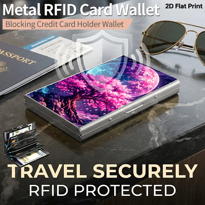 Tarjetero con bloqueo RFID, billetera metálica delgada para hombre y mujer, estuche para tarjetas con sistema de empuje lateral, billetera metálica minimalista, color rosa flor de cerezo