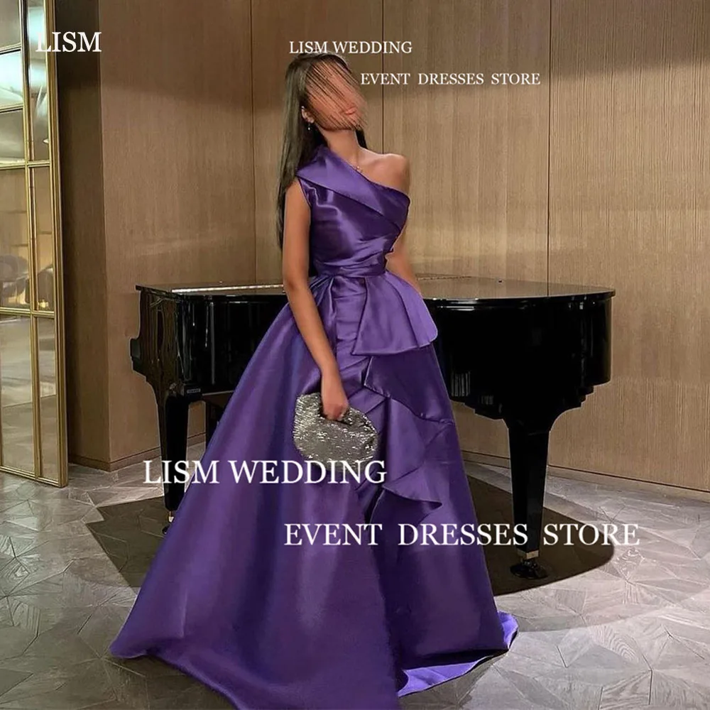 

LISM Elegant Purple Satin A-Line Evening Dresses One Shoulder Saudi Arabic Women Pleat Formal Occasion Party Dress Custom Made