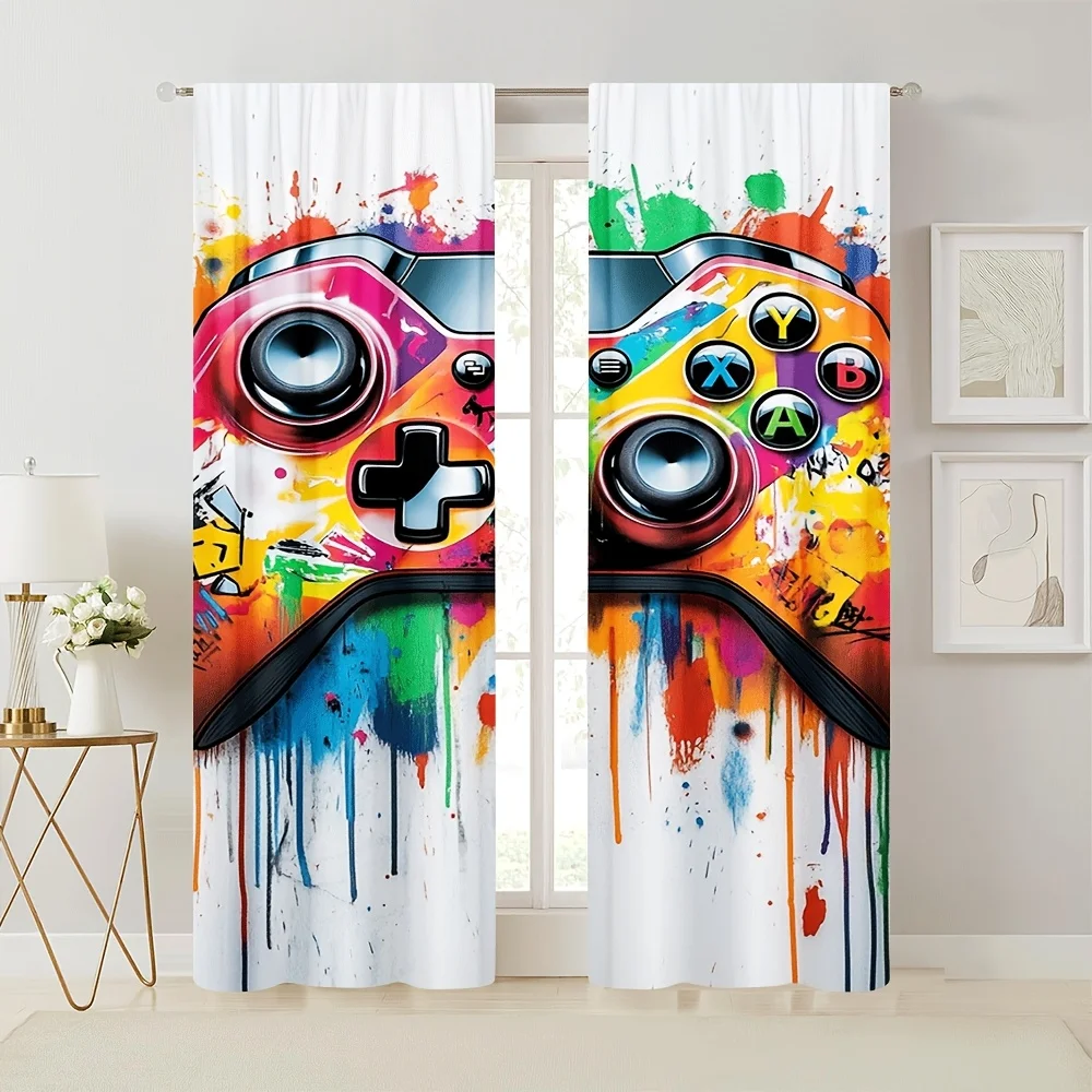 Colorful Game Controller Curtains, Video Game Theme Window Drapes with Paint Splash Art, Gaming Room Decor for Kids Bedroom
