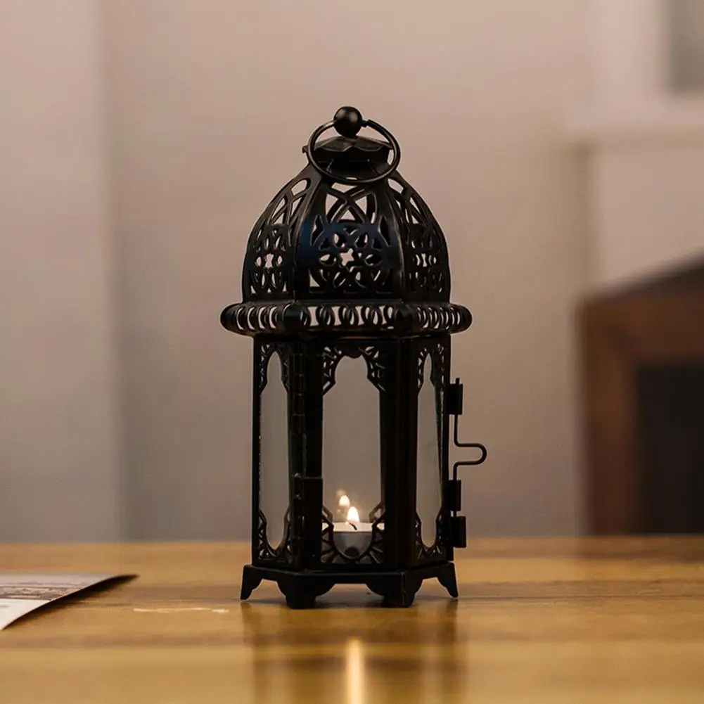 Morocco Candle Holder with Hanging Ring Hollow Out Vintage Iron Art Retro Castle Candlelight Stand Wind Lamp Lantern Tealight