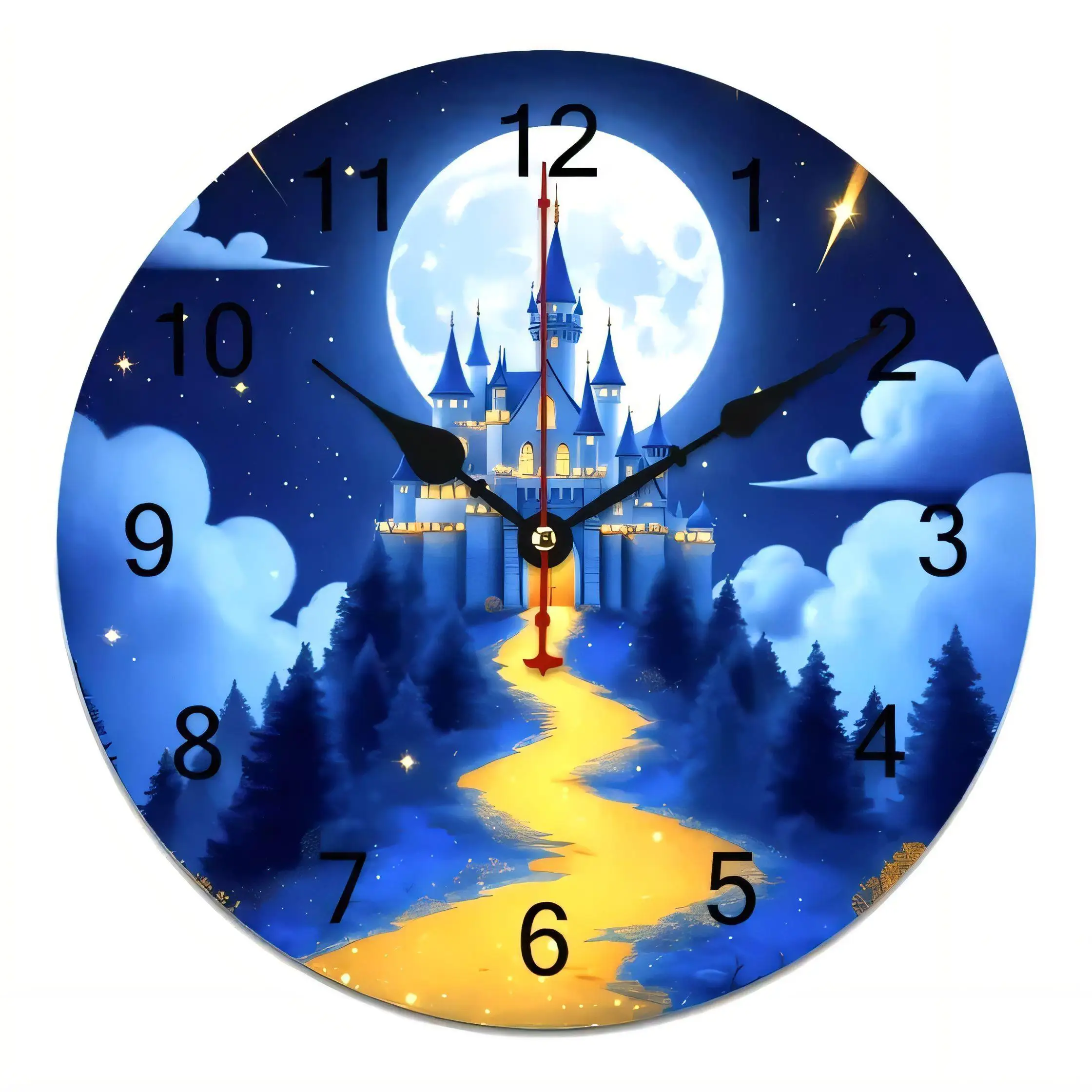 Magical Fantasy Castle Moon Night  Wall Clock Silent Non Ticking Battery Operated Decorative for Bedroom Kids Room