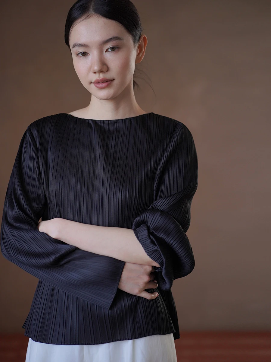Hacikis Commute Style Polyester Long Sleeve Slimming Shantung Blouse High Temperature Forming Accordion Pleats Simple Straigh...