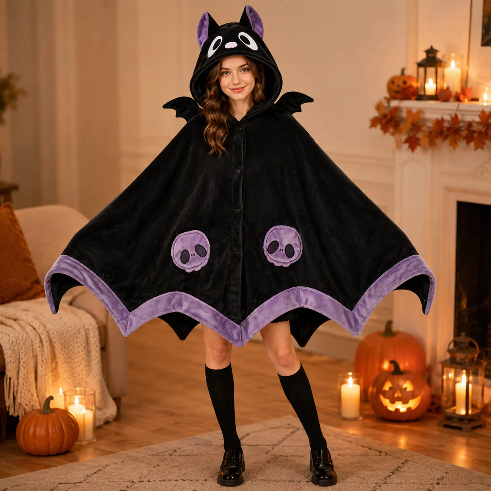 Halloween Hooded Blanket with Sleeves Bat-shaped Cape Women Wearable Air-conditioning Blanket Coral Fleece Cloak for Napping