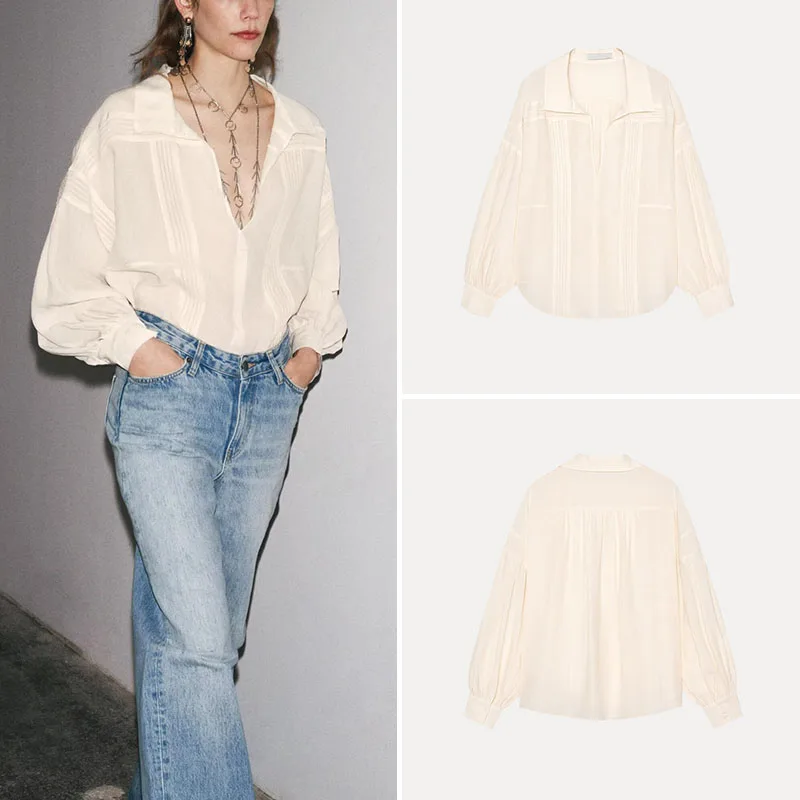 

Elegant Romantic Style Shirt Women's Fashionable Spring 2025 Long Sleeve Street Style Pure Color Polyester Fiber ZADATA
