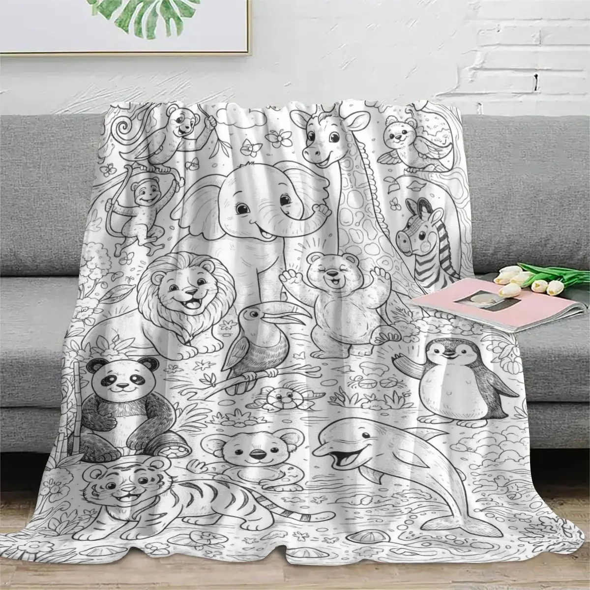 Fun Animal Printed Blanket Can Be DIY Painted Blanket Cartoon Jungle Marine Small Animal Nap Blanket Without Marker Pen