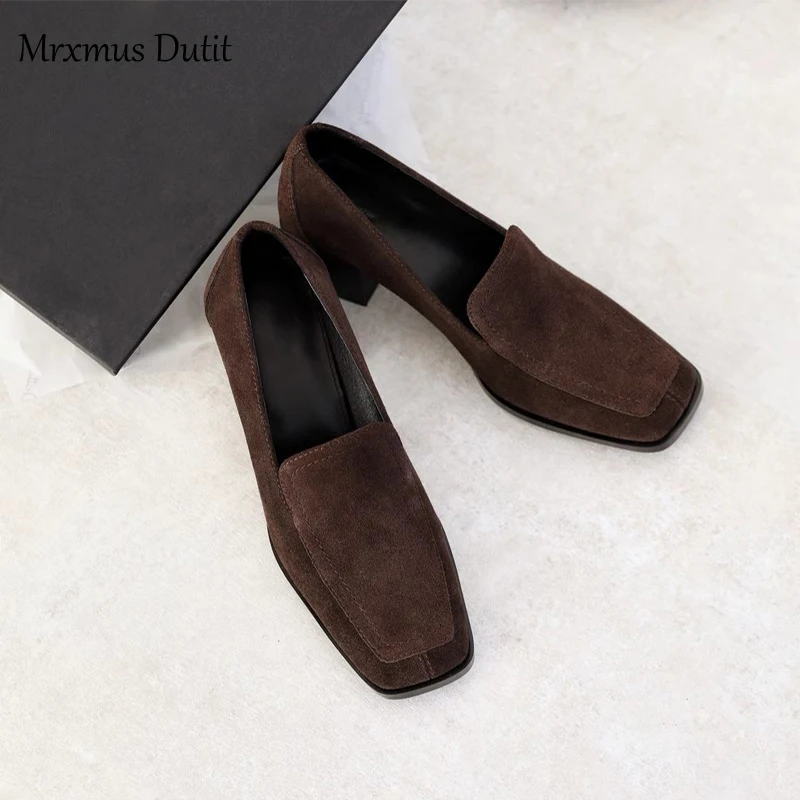 Mrxmus Dutit 2024 Autumn New Women Genuine Leather Vintage Suede Shoes Solid Thick Mid Heel Loafer Shoes Versatile Female Chic