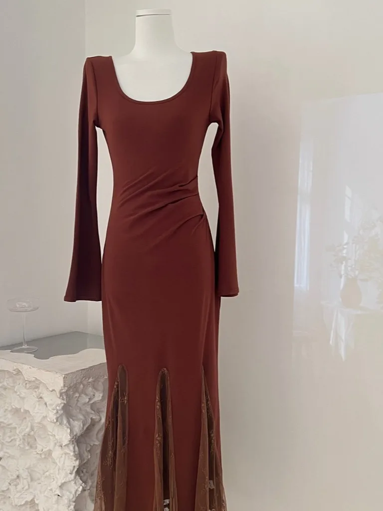 

Ele round Ne Long Sve Lace Fi Tail Dr Women's Pure Desire Long Dr Autumn Winter New Arrival Ci Walk