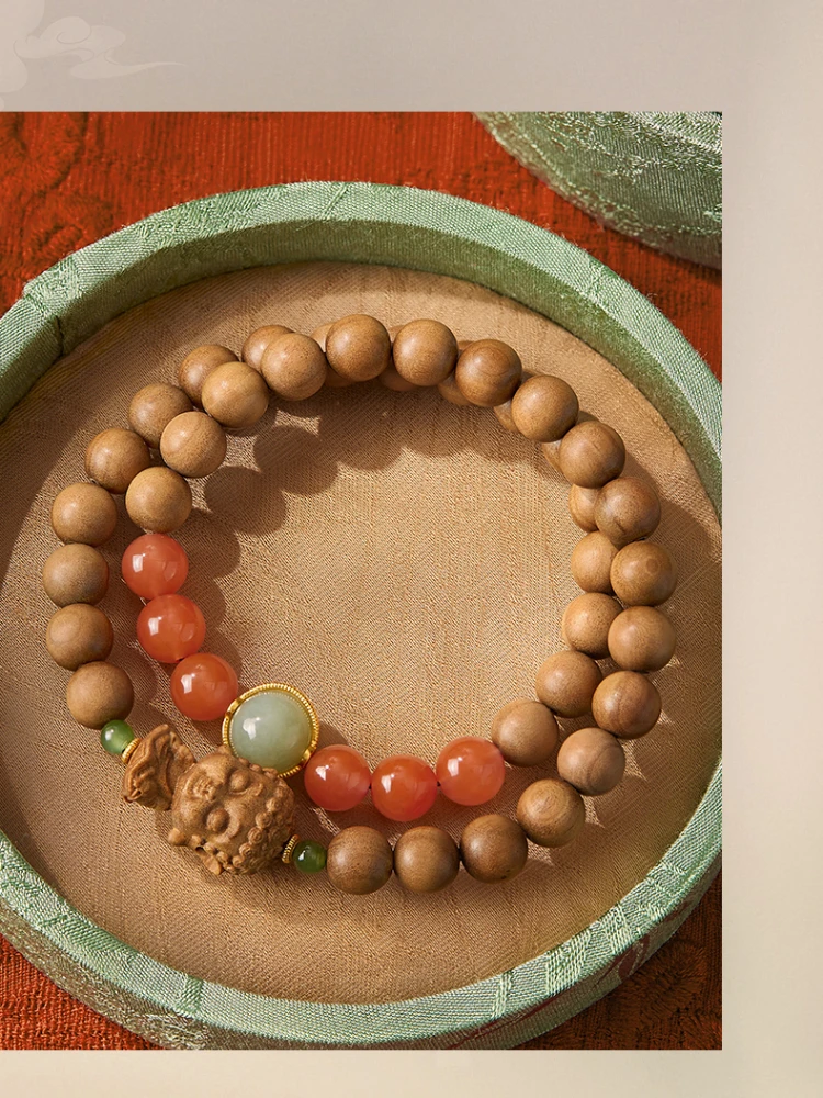 Bracelet Natural Material Sandalwood Buddha Beads Jade Safety Buckle South Red Green Agate Hand Carved Men and Women Same Style