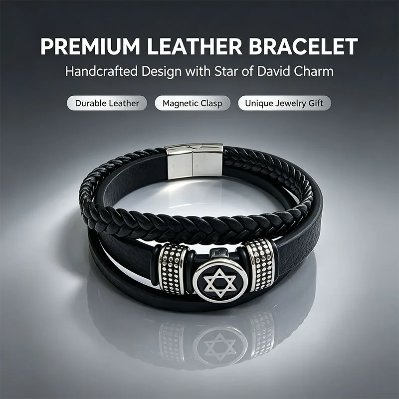 Men Multi-Layer Braided Leather Bracelet Stainless Steel Hexagram Charm Anti Rust Fade Resistant Wrist Jewelry In Stock