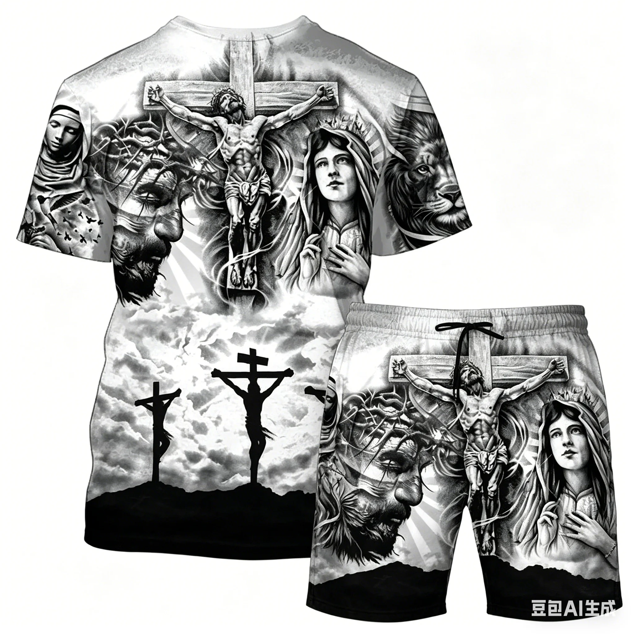 

2026 New Summer Vintage Jesus Cross Tattoo Print 2-Piece Outfit Men's Full Graphic T-Shirt + Drawstring Shorts