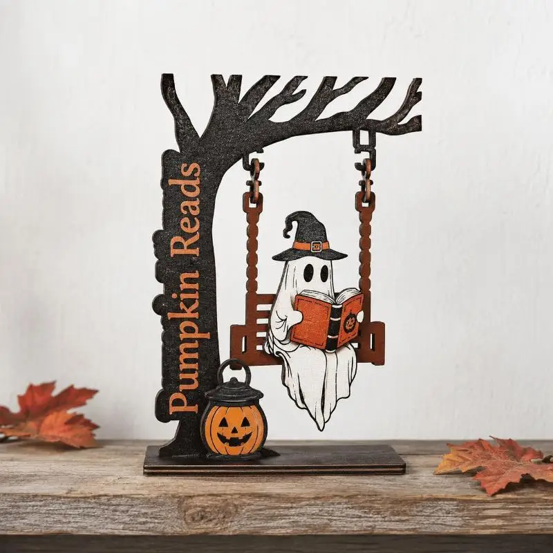 Ghost Swing Figurine Wooden Tree Halloween: Decor Pumpkin Witch Hat Spooky Tabletop Party