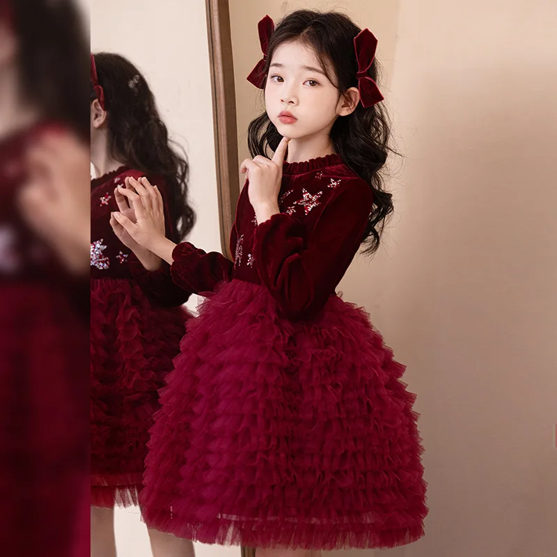 2024Girls' Autumn New Velvet Xingyue High-End Rhinestone Tulle Tutu Skirt Western Style Birthday Banquet Princess Dress