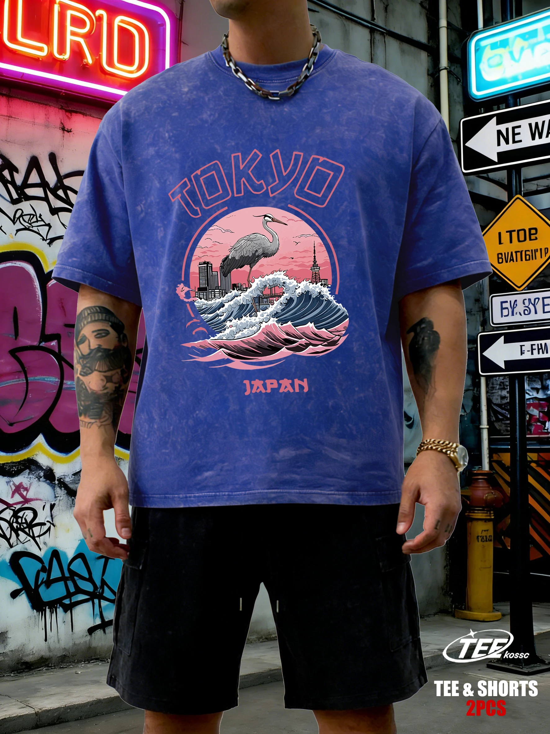 

Мужская футболка Tokyo Japan Harajuku Crane Waves, летняя, повседневная, в стиле ретро, из хлопка, с эффектом снежной стирки, свободного кроя, с круглым вырезом, в уличном стиле