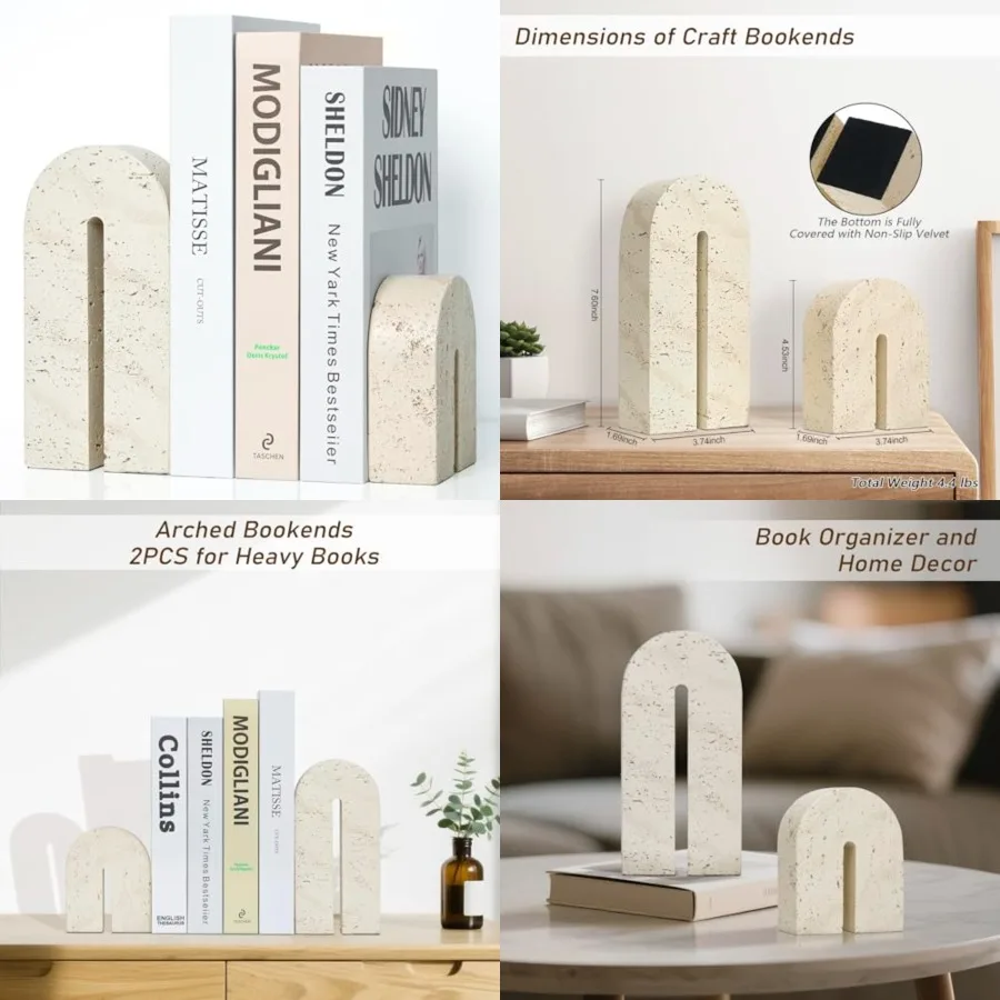 

Heavy Duty Resin Book Ends for Shelves with Retro Arch Design Imitation Travertine Book Stopper for Holding Heavy Books Ideal f