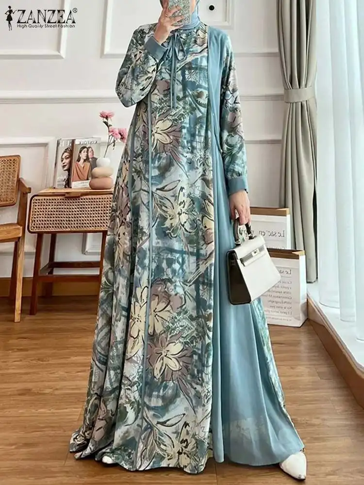 ZANZEA Fashion Women Floral Printed Sundress Casual Patchwork Eid Mubarek Ramadan Vestido Vintage Long Sleeve Muslim Abaya Dress