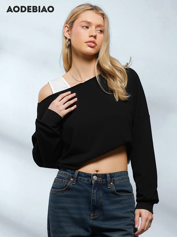 AODEBIAO Women Hoodie Autumn Winter Long Sleeves Fashion Solid Top Sexy Off-shoulder Casual Streetwear New Black Hoodie Women
